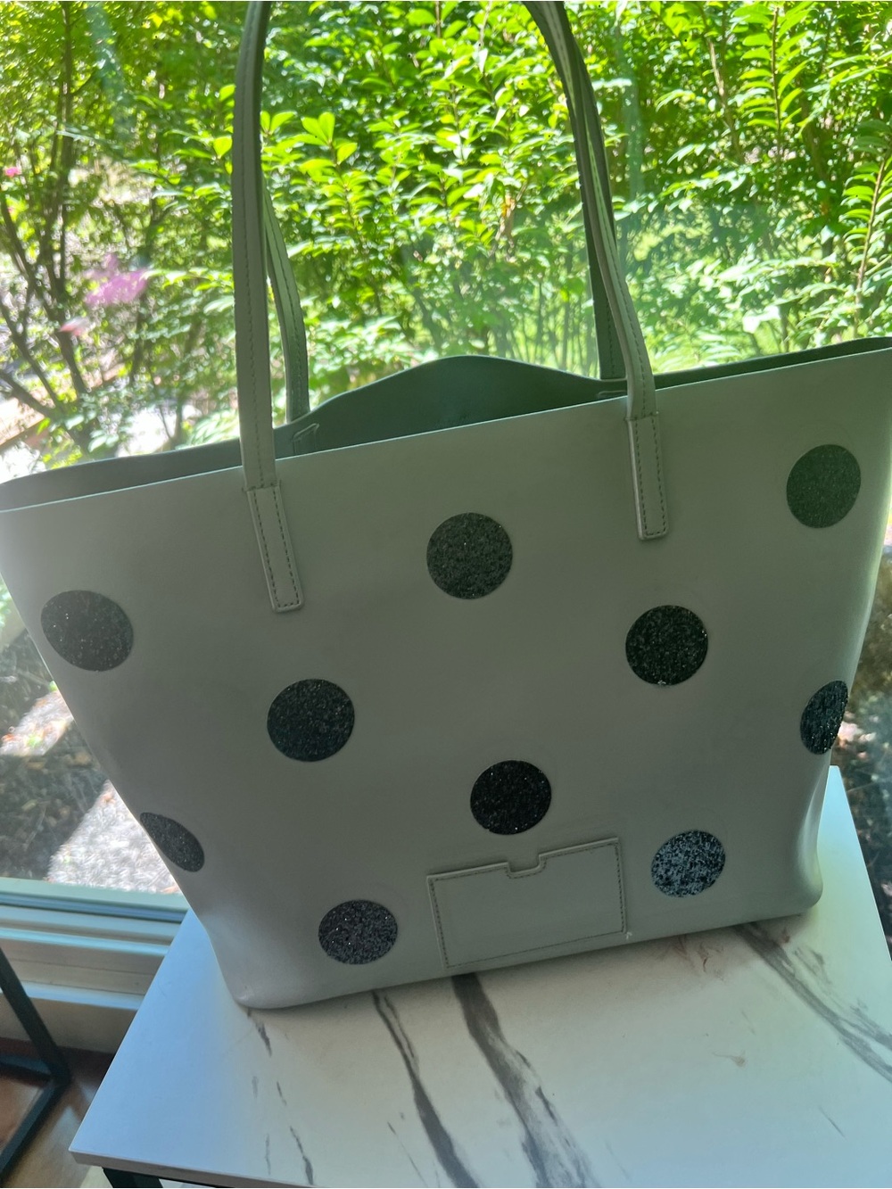 kate spade White Tote with Black Glitter Polka Dots.